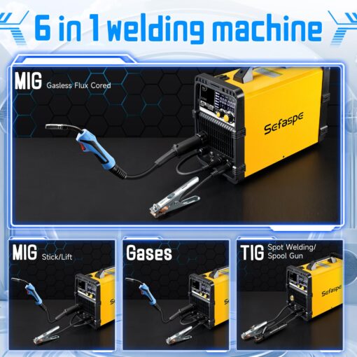 Sefaspe 205A MIG Welder, 110/220V Dual Voltage Aluminum Welding Machine, 6 in 1 Gas MIG/Gasless Flux Core/Stick/Lift TIG/Spool Gun/MIG MIX. Multiprocess Welders - Image 7