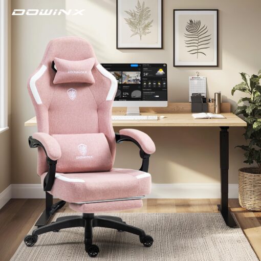 Dowinx Fabric Gaming Chair with Pocket Spring Cushion,Breathable Computer Chair with Massage Lumbar Support and Footrest,High Back Game Office Chair for Adult,Pink - Image 2