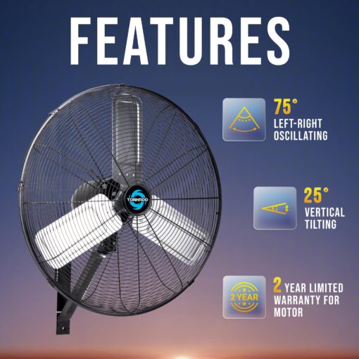 Tornado 24 Inch Pro Series High-Velocity Oscillating Wall Fan – 3-Speed, 7600 CFM, 6.6 FT Cord – UL Safety Certified for Commercial & Industrial Use - Image 6