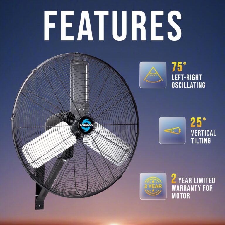 Tornado 24 Inch Pro Series High-Velocity Oscillating Wall Fan – 3-Speed, 7600 CFM, 6.6 FT Cord – UL Safety Certified for Commercial & Industrial Use - Image 6