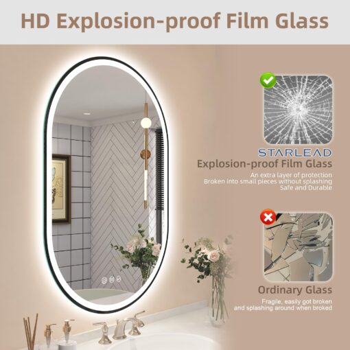 STARLEAD 24"x36" LED-Bathroom-Mirror-with-Lights, Wall-Mounted with Bluetooth, Anti-Fog, 3 Color Temperature Dimmable Brightness, Waterproof, Tempered Glass, Frontlit & Backlit, Black Frameless Oval - Image 3