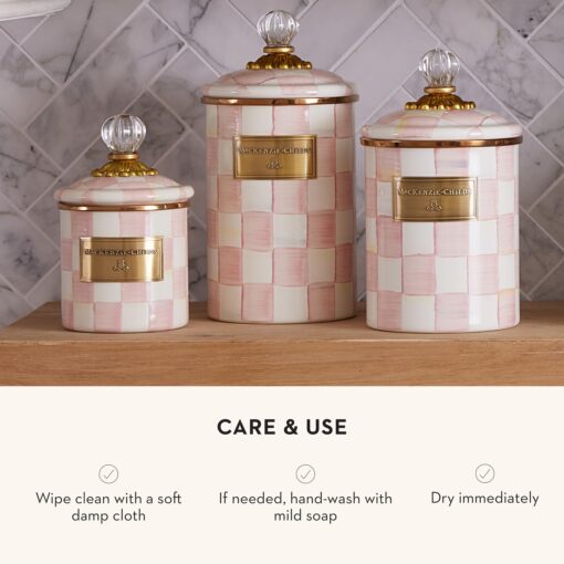 MACKENZIE-CHILDS Large Enamel Canister, Kitchen Storage Container for Flour and Sugar, 1.89 Liters, Pink-and-White Rosy Check - Image 3
