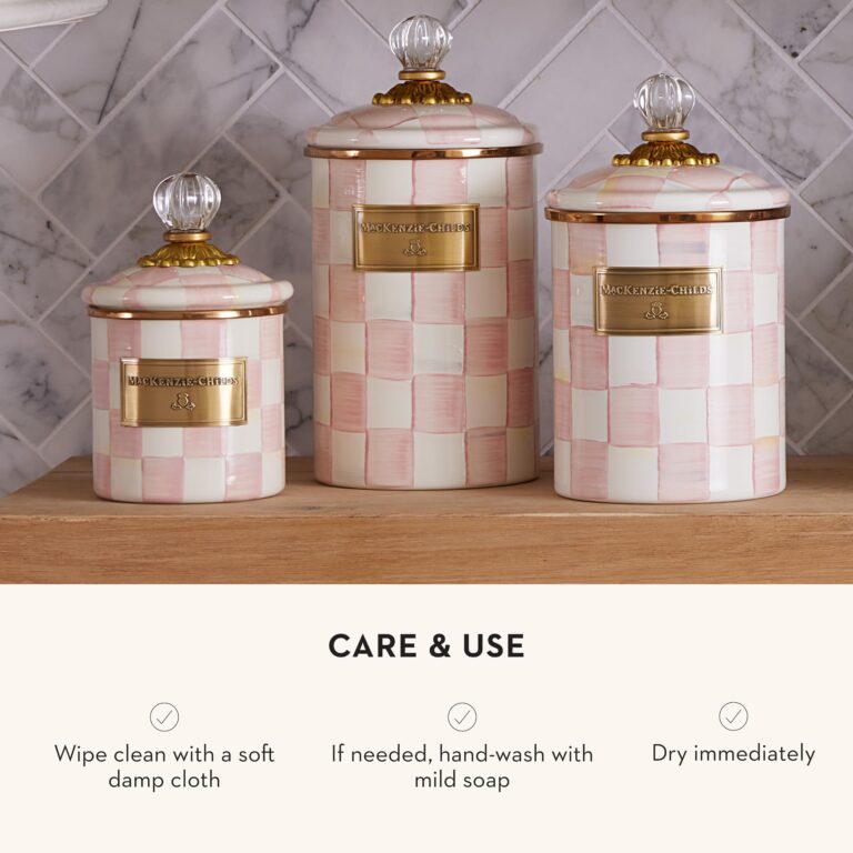 MACKENZIE-CHILDS Large Enamel Canister, Kitchen Storage Container for Flour and Sugar, 1.89 Liters, Pink-and-White Rosy Check - Image 3