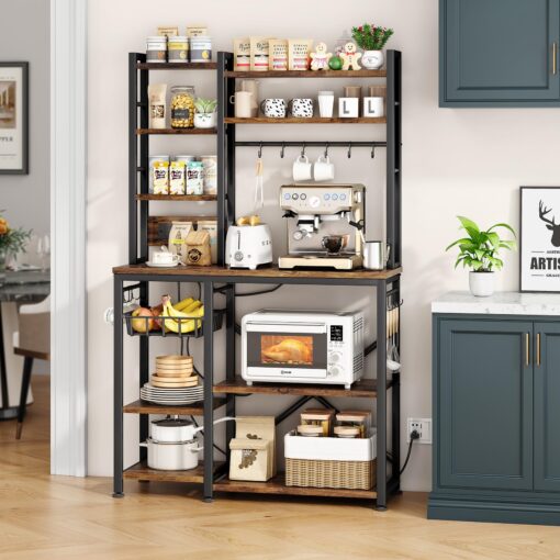 Baker Rack with Power Outlet - Microwave Stand with Storage, Large Coffee Bar Station with 14 Hooks, Metal Kitchen Shelf Rack for Spices, Pots (Rustic Brown) - Image 8