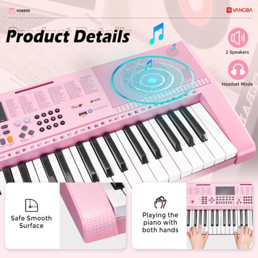 Vangoa Pink Piano Keyboard 61 Key, Electric Keyboard Kit Portable Music Keyboard for Kids Students with Microphone, 600 Tones, 400 Rhythms, 50 Demos, Gift for Beginners - Image 7