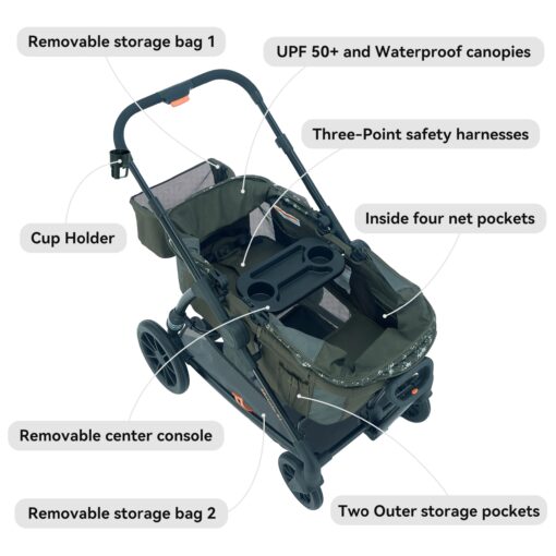 Pamo Babe Kid Wagon Double Stroller for 2 Kids Push Pull Double Wagon Travel Stroller Adjustable Handbar Waterproof Canopy Cup Holder and 3 Point Harness Green - Image 4