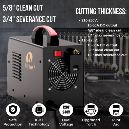 LOTOS LTP5000D Plasma Cutter, 2024 Upgraded 5/8" 16mm Clean Cut 3/4" 20mm Severance Cut 50A Non-Touch Pilot Arc Plasma Metal Cutter Machine, Plasma Cutting Equipment, Dual Voltage 120V or 240V, Brown - Image 7