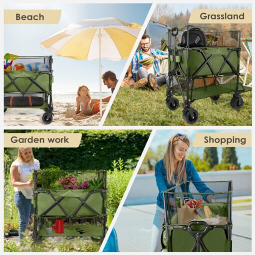 HOPERAN 550L XXL Foldable Double Decker Wagon-Greater Capacity,360° Adjustable Handle Heavy Duty 550LBS Collapsible Cart with 54" Extra Extender,All Terrain Double-Locking Brack Wheels (Olive Green) - Image 2