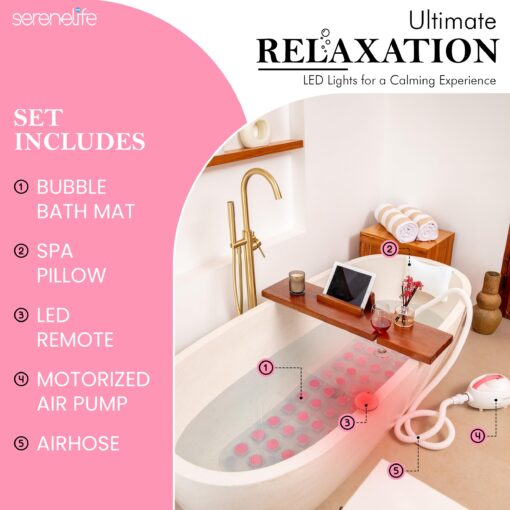 SereneLife Bubble Bath Mat – Portable Spa with Adjustable Intensity, Waterproof LED Light, Pillow & Remote Control for Ultimate Relaxation (Pink) - Image 6
