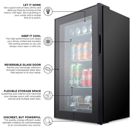 Ivation 101 Can Beverage Refrigerator | Freestanding Ultra Cool Mini Drink Fridge | Beer, Cocktails, Soda, Juice Cooler for Home & Office | Reversible Glass Door & Adjustable Shelving - Black - Image 3