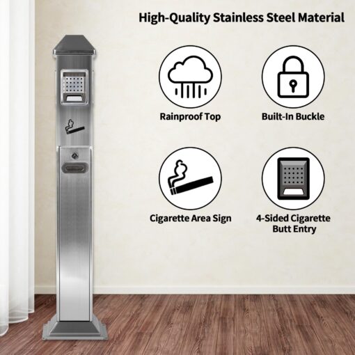 lukar Commercial Butt Receptacle Outdoor Metal Trash Can Heavy Duty Standing Ash Bin for Patios Gardens Hotels Pubs Offices (Silver) - Image 4