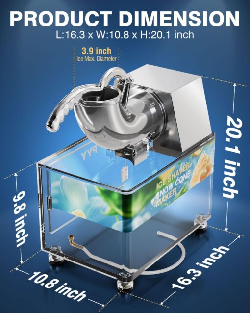 PYY Snow Cone Machine - Commercial Ice Crusher Shaver, Electric Crushed Shaved Snowcone Maker, 440LBS/H 1400RPM All-Copper Motor, Stainless Steel Full Body, Dual Blades, Acrylic Box and Drain Pipe - Image 3