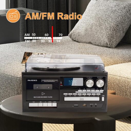 9-in-1 Vintage Turntable Record Player with Bluetooth, Built-in Speakers, AM/FM Radio, CD & Cassette Playback, USB/SD/MMC Support, Remote Control, Aux Input, RCA Output Black - Image 4