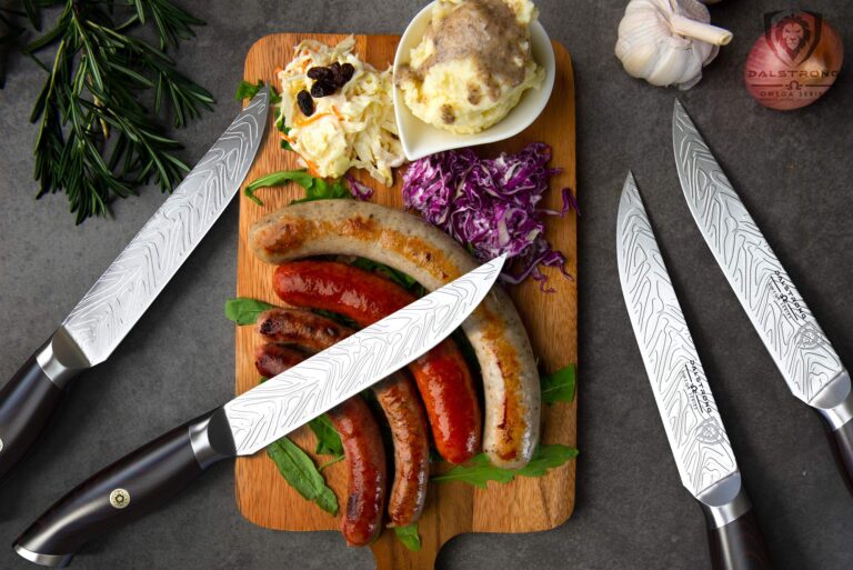 Dalstrong Steak Knife Set - 4 Piece - 5 inch Blade - Omega Series - BD1N-V Hyper Steel Kitchen Knife - G10 Woven Fiberglass Handle - Razor Sharp Knife - Leather Sheath Included - Image 2