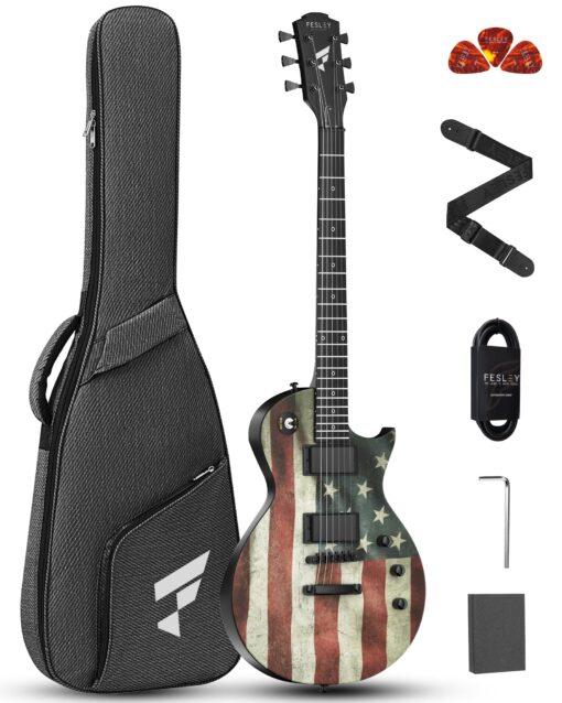 Fesley 39" LP Electric Guitar Kit:Full Size Solid Body Electric Guitars for Beginners with Humbucker Pickups,Poplar Body,Mahogany Neck,22 Frets,6 String Guitar with Gig Bag, FLP400,Matte,US Flag