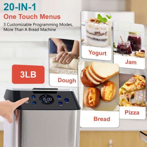 3LB Larger & 20-in-1 Ultra Quiet Bread Maker Machine, 710W Die-Cast Ceramic Pan Bread Machine with Dual Heaters, Stainless steel Breadmaker with Auto Fruit Dispenser & 2 Custom Menus,Extra 2 Paddles - Image 8