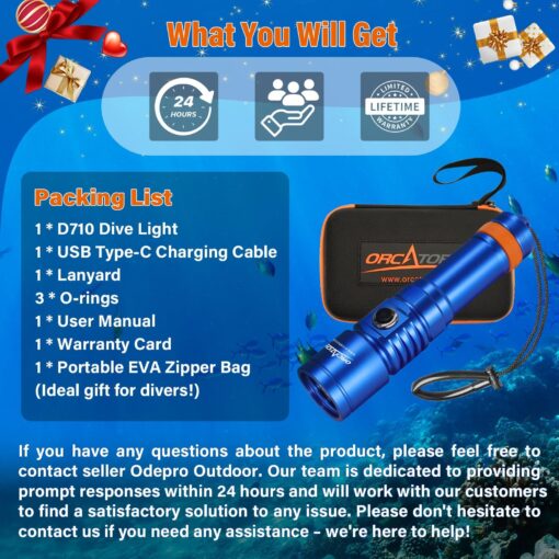ORCATORCH D710 Scuba Diving Light, 3000 Lumens Super Bright Underwater Flashlight with 6 Degrees Narrow Beam, IP68 Waterproof Night Dive Torch 150 Meters Submersible Light (Blue) - Image 2