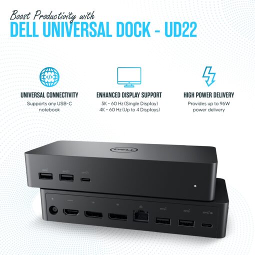 Dell UD22 USB-C/USB-A Docking Station - Universal Dell Dock Station Dual Monitor with 130 - HDMI + Display Port + USB Type-C Cable - Supports Upto 4 Monitors & 4K Displays - Image 5