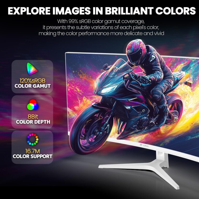 CRUA 34Inch White Gaming Monitor 144hz 21:9 1500R Ultra Wide Curved Monitor, WQHD (3440X1440P) 120%sRGB VA Panel Computer Monitor Support AMD Freesync, HDMI 2.0 & DP1.4, Wall Mountable/Tilt Adjustable - Image 4