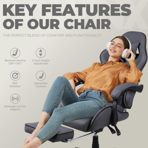 Dowinx Gaming Chair Fabric with Pocket Spring Cushion, Massage Game Chair Cloth with Headrest, Ergonomic Computer Chair with Footrest 290LBS, Grey - Image 4