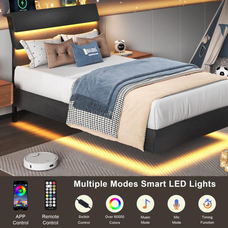 Feonase Twin Floating Bed Frame with Led Lights and Charging Station, Wood Twin Size Bed Frame with Storage Headboard, Heavy Duty Metal Slats, No Box Spring Needed, Easy Assembly, Black - Image 7