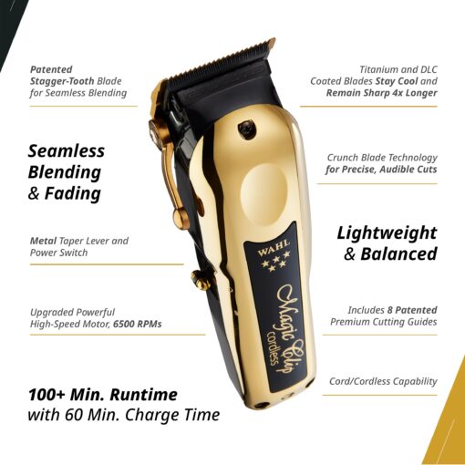 Wahl Professional 5 Star Cordless Magic Clip Gold High Performance Hair Clipper 100 Minute Run Time Lithium Ion Gold - Image 6