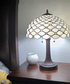 Tiffany Style Table Lamp Banker Jeweled 26" Tall Stained Glass White Yellow Stains Antique Vintage Light Decor Nightstand Living Room Bedroom Handmade Gift AM1041TL16B Amora Lighting