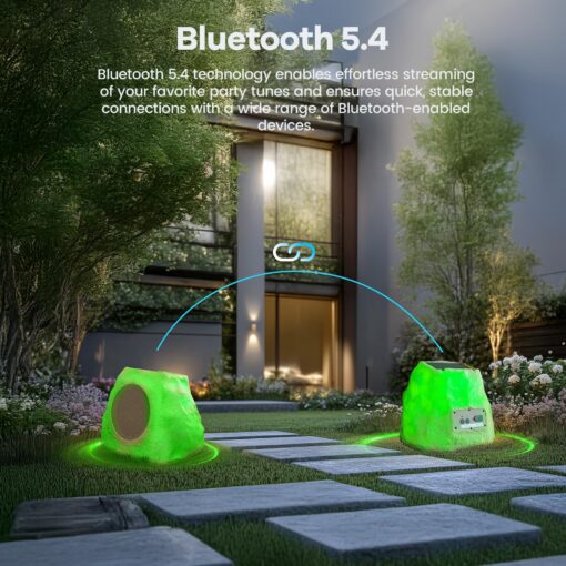 Outdoor Rock Speaker 60W Deep Bass Multi-Sync up to 100 Speakers Auto-Pairing, IPX7 Waterproof Solar-Powered with LED Lights Perfect for Pool, Garden, Patio, Ideal for Music Entertainers - 2 Pack - Image 2