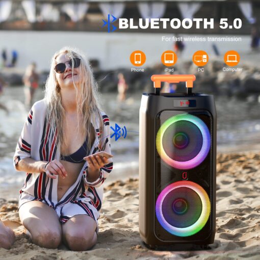 JYX Karaoke Machine with 2 Wireless Microphones for Adults, 8" Big Bluetooth Party Speaker with 500W Peak Power, PA System with LED Disco Light, Rolling Wheels and Trolley, Perfect for Outdoor Home - Image 2