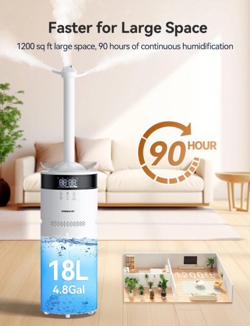 VAGKRI Humidifiers for Large Room, 18L Ultrasonic Cool Mist Humidifier for Home 2000 sq ft, 5 Mist Levels, Auto Mode, Whole House Humidifiers with 2 Extended Tube Quiet Humidifiers for Baby Home Plant - Image 7