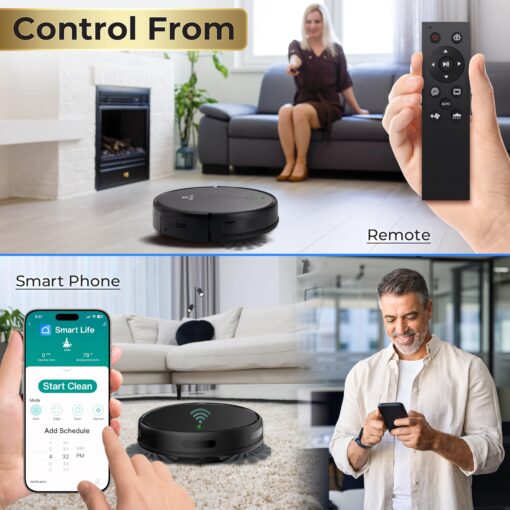 Smart Robot Vacuum and Mop Combo, 2000Pa Suction, App Control, 4 Cleaning Modes, Anti-Fall Sensors, Multi-Surface Cleaning, Self-Charging, Ideal for Pet Hair, Soft and Hard Floors, Black - Image 5