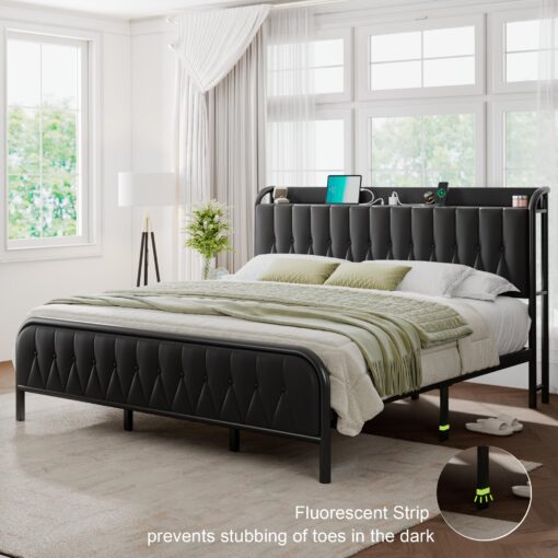 Feonase Leather King Size Bed Frame with Fast Charging Station,Metal Platform King Beds with Upholstered Headboard & Footboard,12" Underbed Storage Space, Easy Assembly,Noise-Free,Black - Image 6