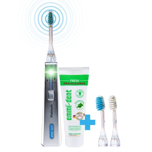 Emmi-dent Ultrasound Platinum Nature Fresh. Touchless Cleaning for Sensitive Teeth and Gums. Cleans with 100% Ultrasound Technology. No Abrasion, No Brushing, No Damage, Pain Free. Rechargeable.