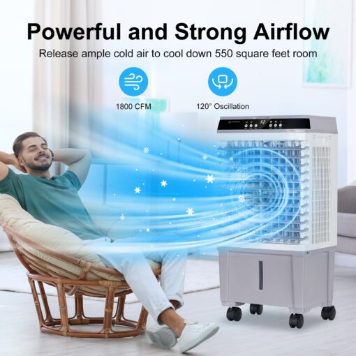Uthfy Swamp Cooler Air Conditioner, Evaporative Air Cooler with 5.3 Gallon Water Tank, 4 Ice Box, Remote, 12H Timer, 120°Oscillation, Portable Cooling Fan with 3 Speeds for Bedroom Home Office - Image 6