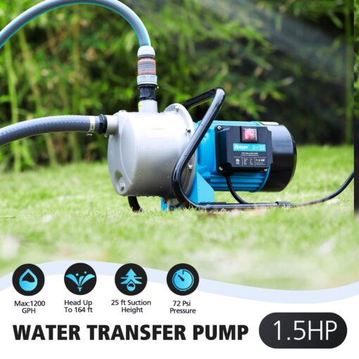 BOMGIE 1.5HP Water Transfer Pump,1200GPH Shallow Jet Well Pump,Extended 13FT Power Cord Portable Sprinkler Booster Pump,Irrigation Lawn Fountain Pool Draining Self Priming Transfer Pumps - Image 6