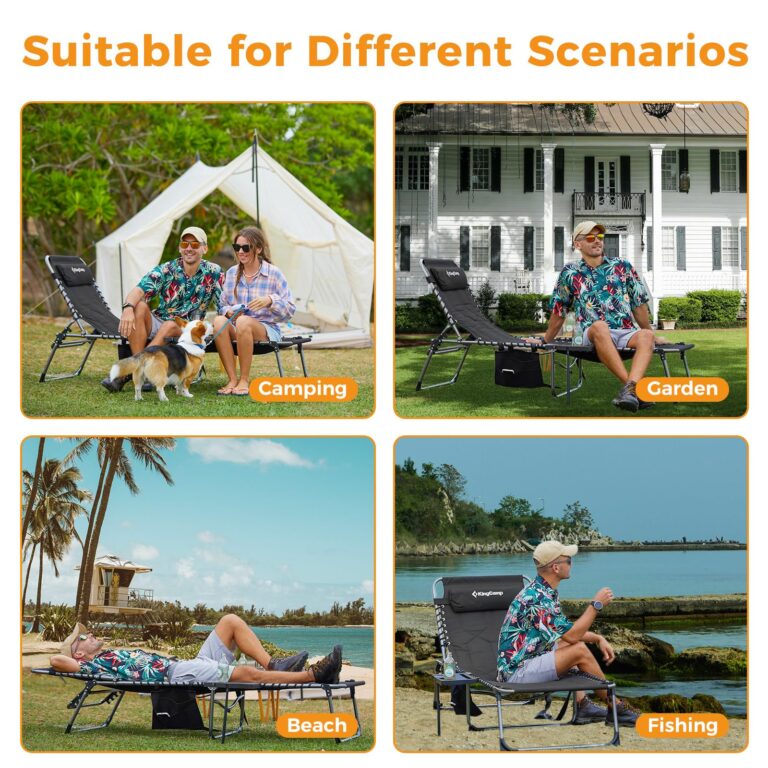 KingCamp Oversize Padded Folding Chaise Lounge Chair for Outdoor, Patio, Beach,Lawn, Sunbathing, Tanning Reclining Chairs with Pillow & Side Table（2 Pack, Black） - Image 3