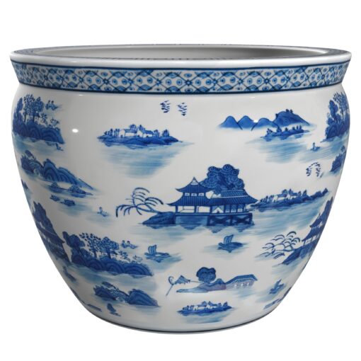 Red Lantern 14" Landscape Blue & White Porcelain Fishbowl Planter or Cachepot for Indoor/Outdoor Use in Garden Entryway Living Room Boho Eclectic Modern Contemporary Classic Traditional Style Decor - Image 2