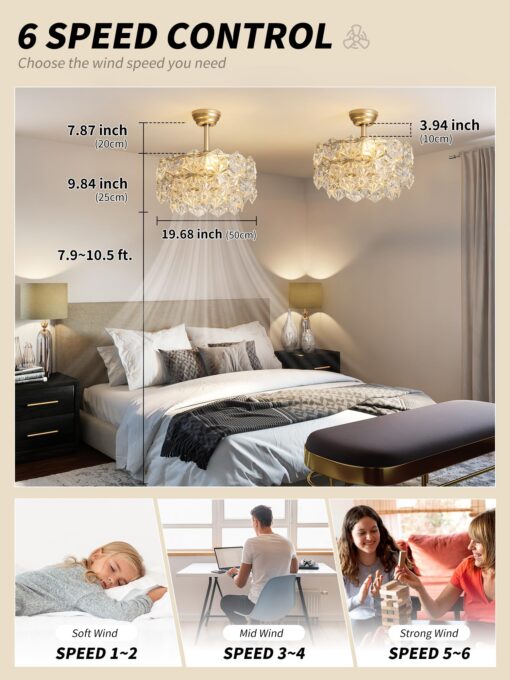 SYDACG 20" Gold Crystal Fandelier Ceiling Fan with Light, Mid-Century Chandelier Ceiling Fan with Light Remote Control, Modern Caged Enclosed 6 Speeds for Bedroom, Nursery, Foyer, Living Room - Image 5