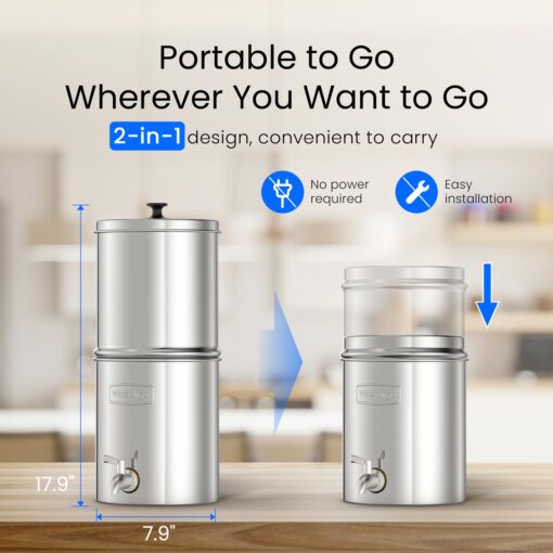 Waterdrop 1.5 Gallons Gravity-fed Water Filter System, NSF/ANSI 42&372 Standard, Stainless-Steel Travel System with 4 Filters, Metal Spigot and Stand, Reduces Up to 99% Chlorine-King Tank Series - Image 3