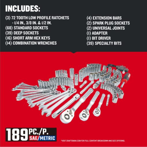 CRAFTSMAN Mechanics Tool Set, 1/4 and 3/8 Inch Drive, 189 Piece (CMMT12134) - Image 4