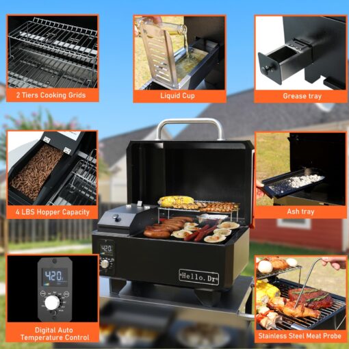 Hello.Dr Portable Wood Pellet Grill and Smoker,Electric Outdoor 8 in 1 Tabletop Grills for RV Camping Tailgating RV Cooking BBQ, Intelligent Temperature Control and Superheated Steam Technology,Red - Image 6
