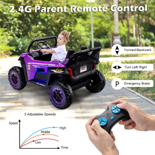 OLAKIDS 2 Seater Ride on Car for Kids, 12V UTV Kids' Electric Vehicles with Remote Control, Spring Suspension, Soft Start, Music Bluetooth FM, Battery Powered for Ages 3-8 (Purple) - Image 9