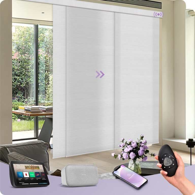 Graywind Motorized Sliding Panel Blinds Light Filtering Compatible with Alexa Google Smart Custom Panel Track Blinds Remote Control for Patio Sliding Door (Dimout Jacquard White)