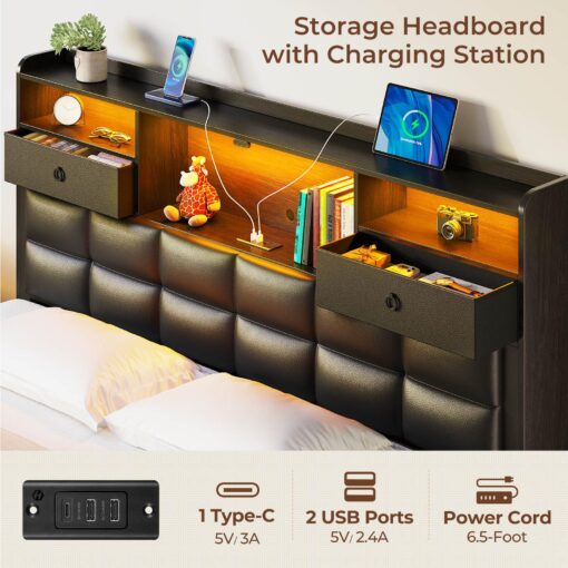 Rolanstar Bed Frame Full Size with Drawers and Charging Station, Upholstered Platform Bed with Storage Headboard and LED Light, Heavy Duty Metal Frame Support, No Box Spring Needed, Noise Free, Black - Image 4