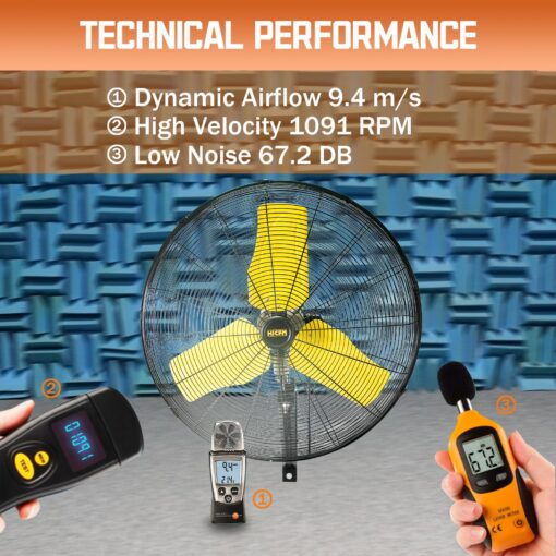 HiCFM 24" Oscillating Wall Fan, 8900 CFM High Velocity Industrial Wall Mounted Heavy Duty Shop Fans with 3 Speed Settings 80° Oscillation for Outdoor Commercial Garage Warehouse workshops Factory - Image 2