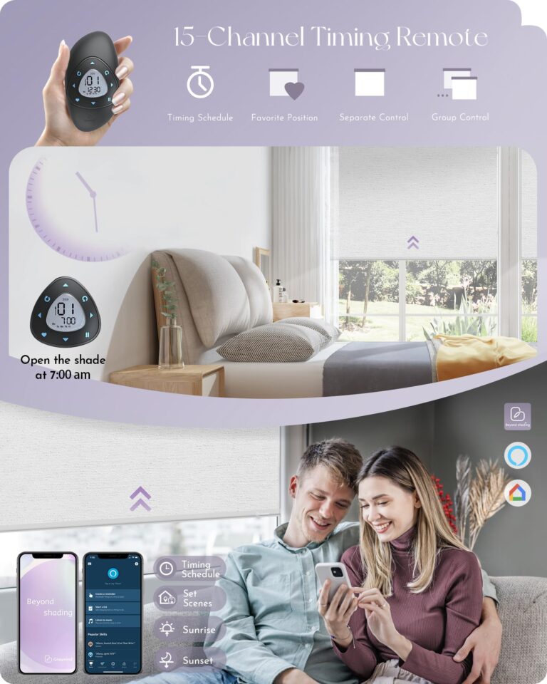 Graywind Smart Blackout Roller Shades Compatible with Alexa Google Textured Gleaming Fabric Rechargeable Motorized Blinds Cordless Remote Control Window Shades, Custom Size (Striped White) - Image 5