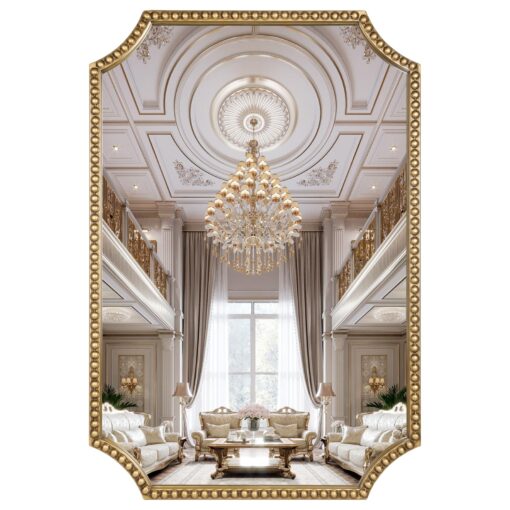 Fobule 24"x36" Mirror for Wall, Scalloped Corners Rectangle Decorative Mirror, Metal Beaded Frame Accent Wall Decor for Bathroom, Entryway, Mantel, Antique Gold