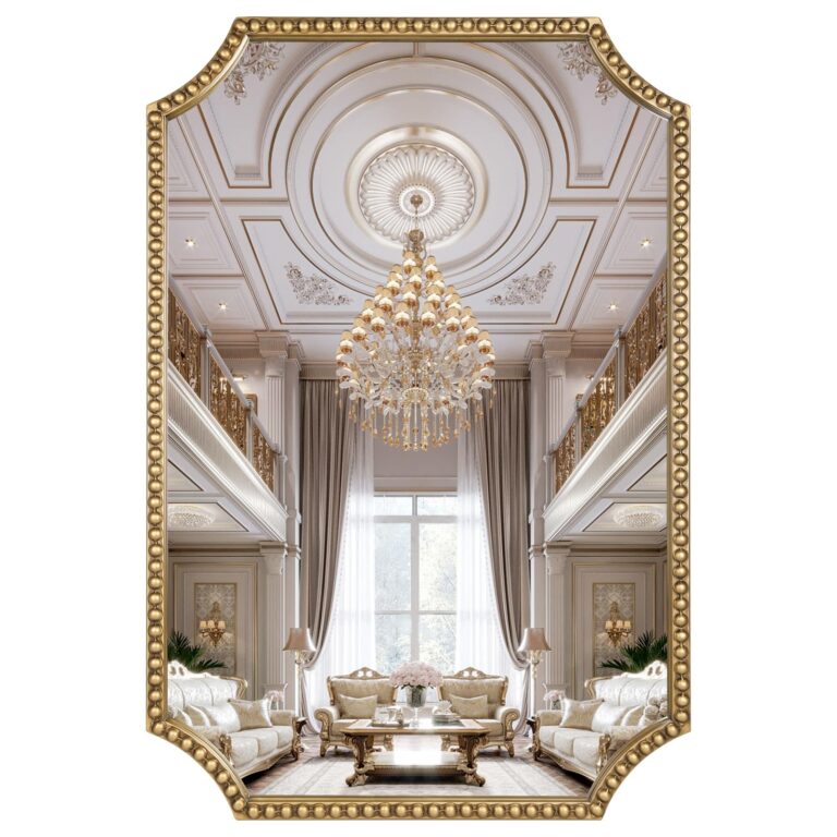 Fobule 24"x36" Mirror for Wall, Scalloped Corners Rectangle Decorative Mirror, Metal Beaded Frame Accent Wall Decor for Bathroom, Entryway, Mantel, Antique Gold