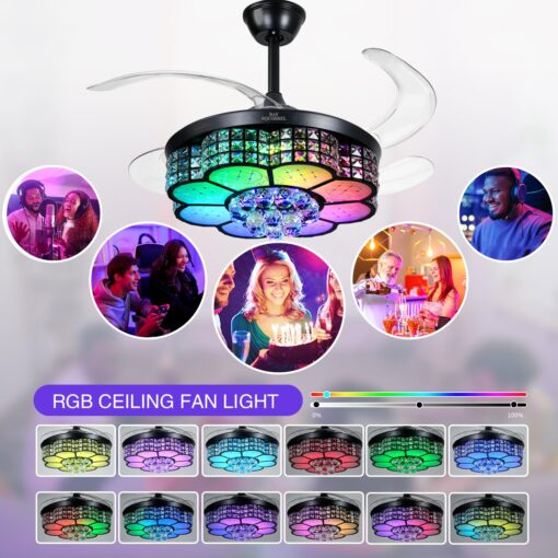 BAYSQUIRREL Retractable Crystal Ceiling Fan with Light, Bluetooth Ceiling Fans with Speaker and Remote/APP Control, 6 Speeds Reversible Blades, RGB-LED Dimmable Chandelier Ceiling Fan - Image 6