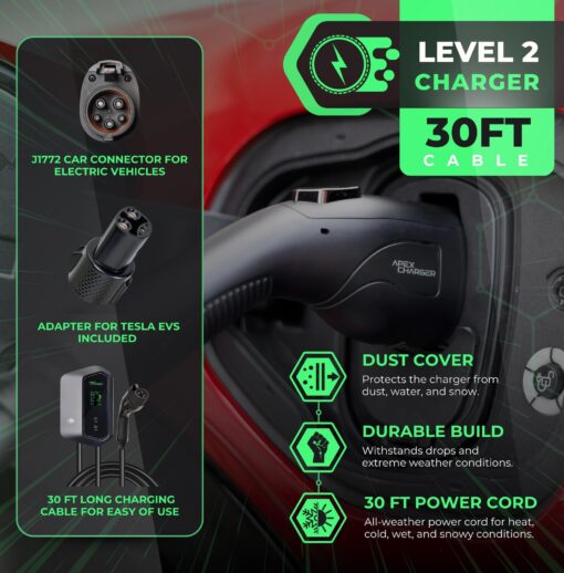MACH 1: Fast 48 Amp Level 2 EV Charger, Wall-Mount Electric Vehicle Charging Station, 200-240V Hardwire or NEMA 14-50. J1772 car Connector & Tesla NACS, Indoor/Outdoor, 30ft Cable evse Adapter - Image 9